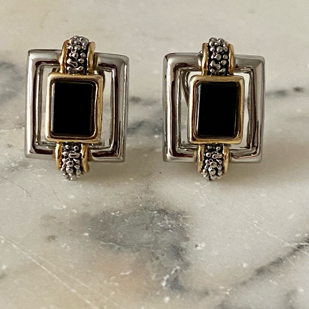 Luxury look silver tone gold tone accent faux black stone earrings